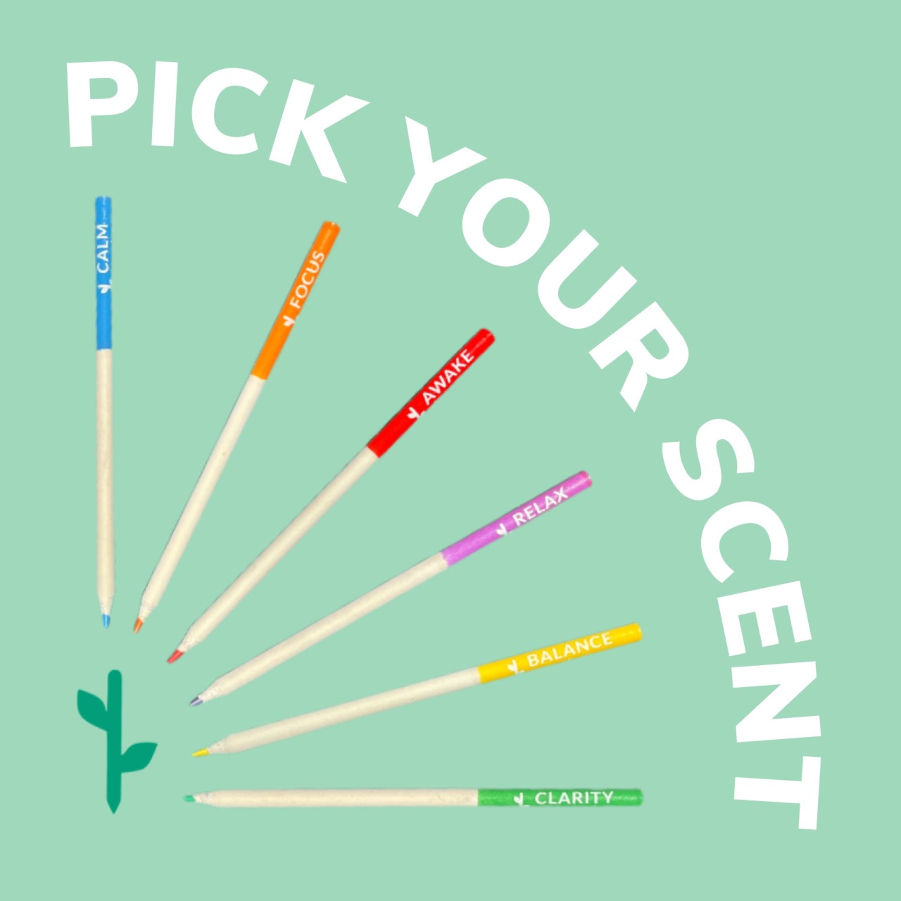 Six pencils on a green background next to the text "Pick your scent"