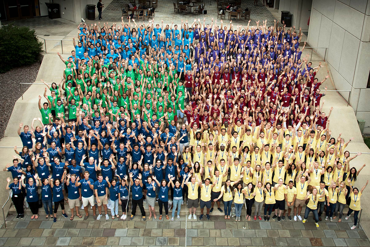 400-plus Daytime MBA students divided into their 6 sections for a group shot during orientation