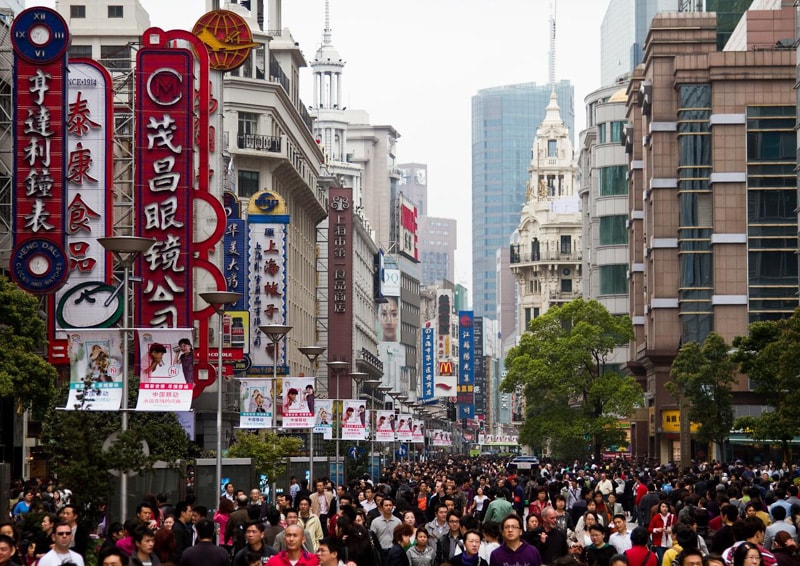 Overhead view of crowded street in Shanghai